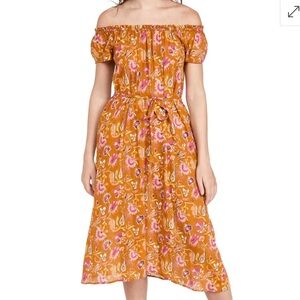 XiRENA poppy sunset dress Mustard Floral Midi Dress medium with Pink Accents New